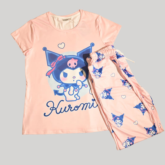 KUROMI WOMENS SHORT SLEEVE PAJAMA SETS , SILKY POLYESTER