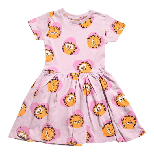 Girls' Cotton Dress with Garfield Print, Pink and Yellow, Short Sleeve