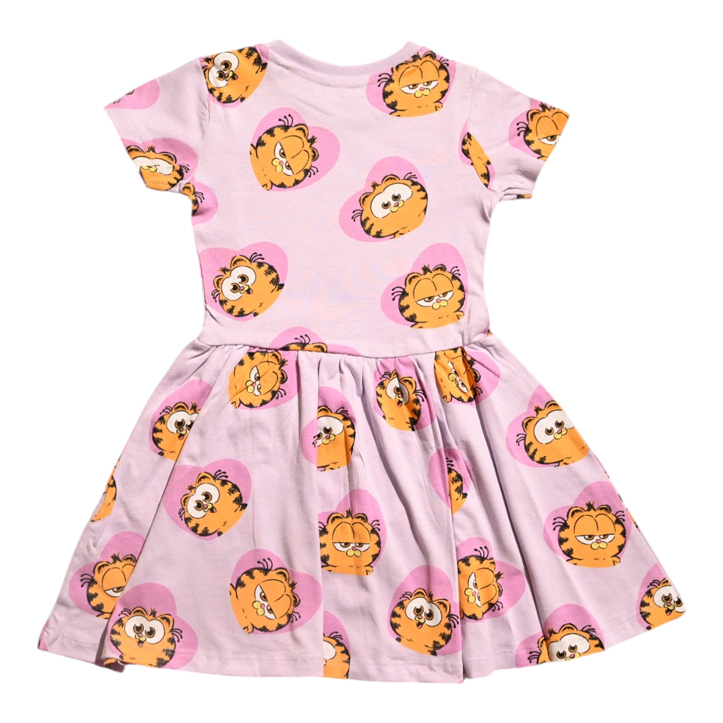 Girls' Cotton Dress with Garfield Print, Pink and Yellow, Short Sleeve